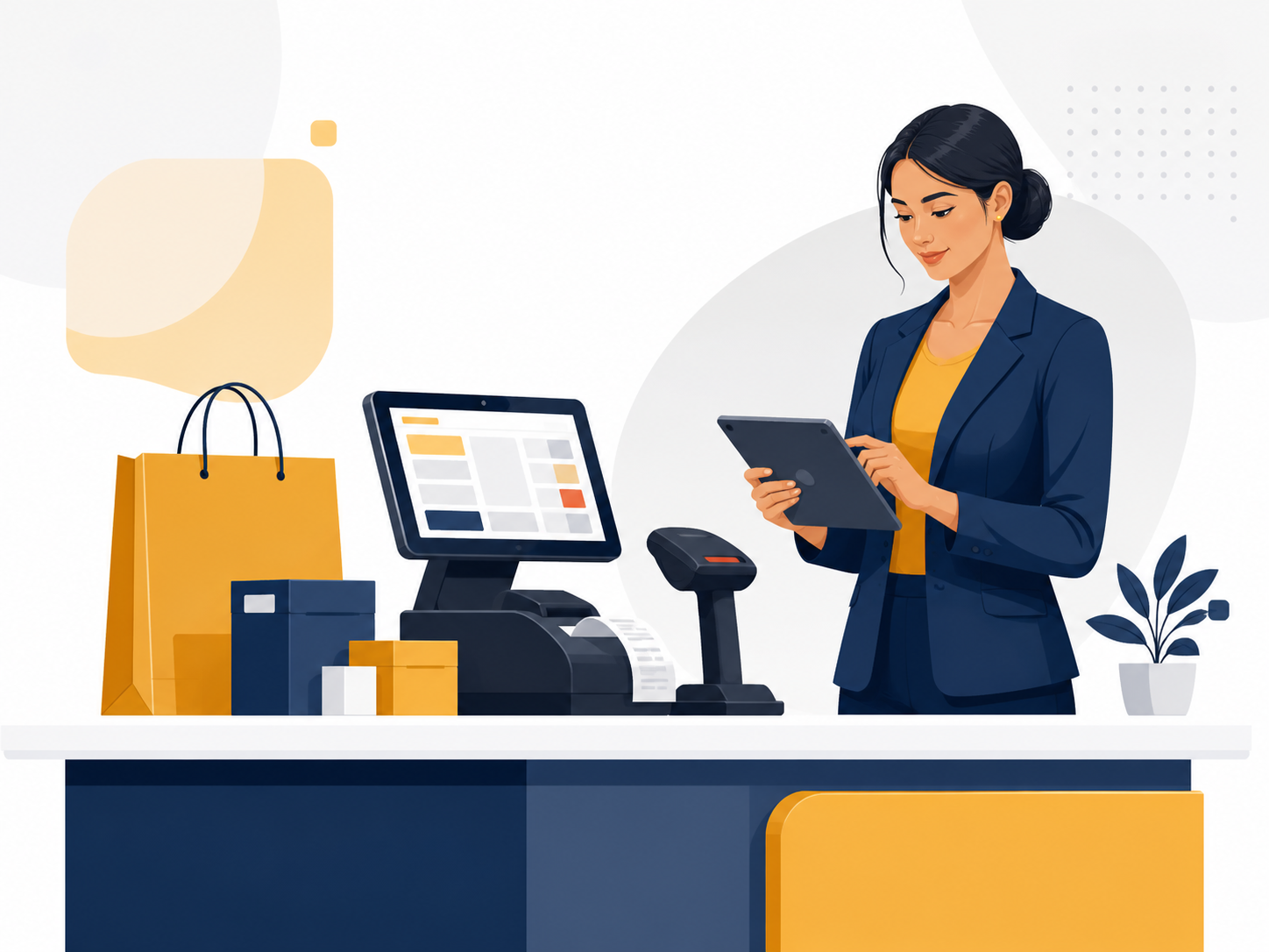 Ilustração de um frente de caixa com terminal, produtos e atendimento