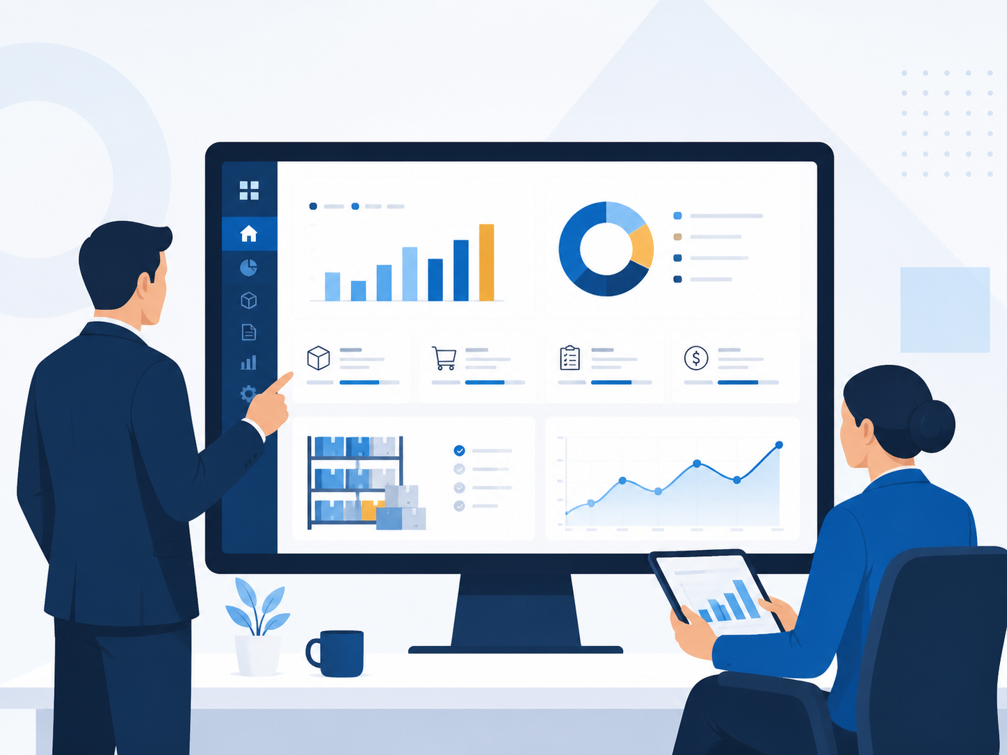Ilustração de um painel de gestão empresarial com indicadores e estoque